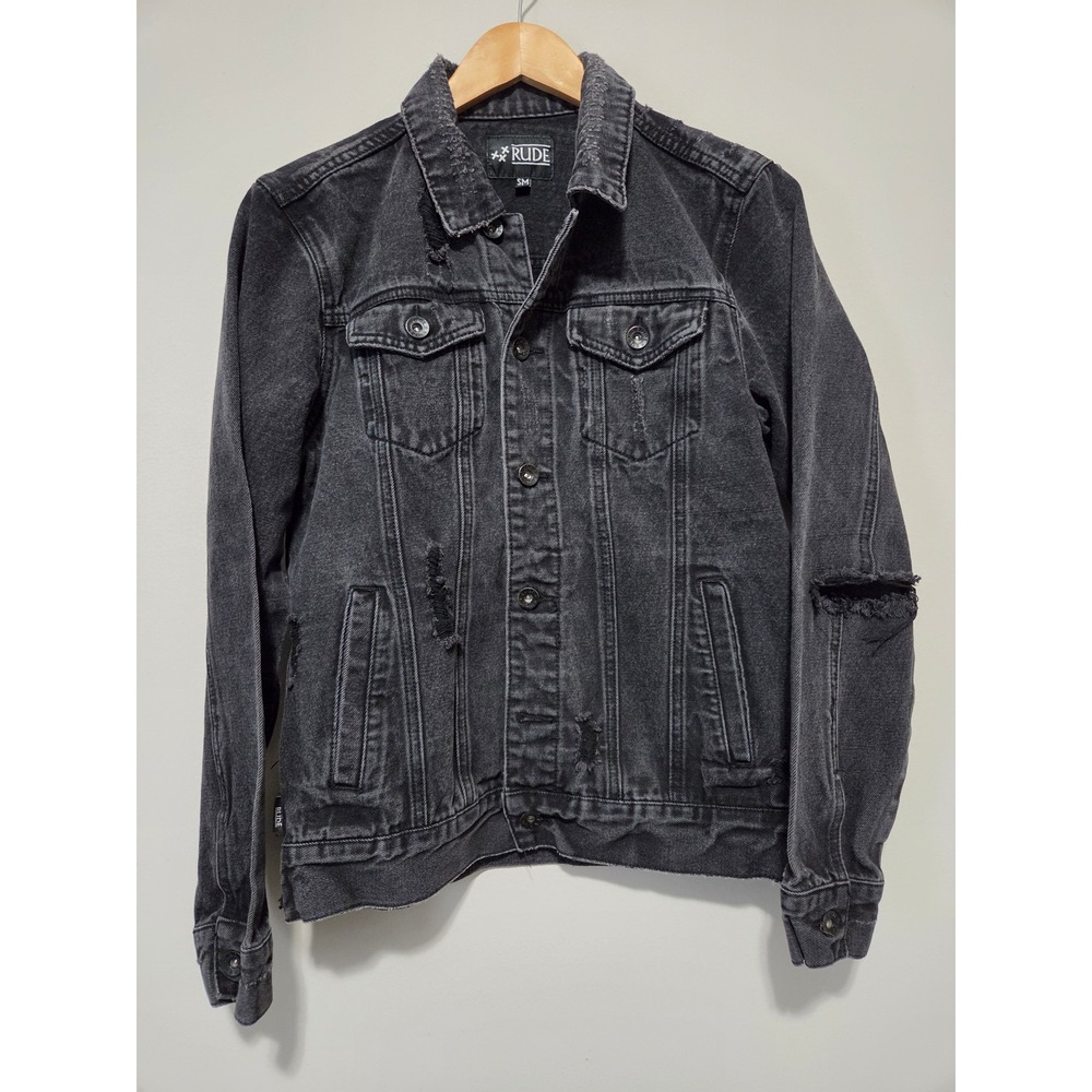 Rude Distressed Black Denim Trucker‎ Jacket Ripped Punk Rock Small SM